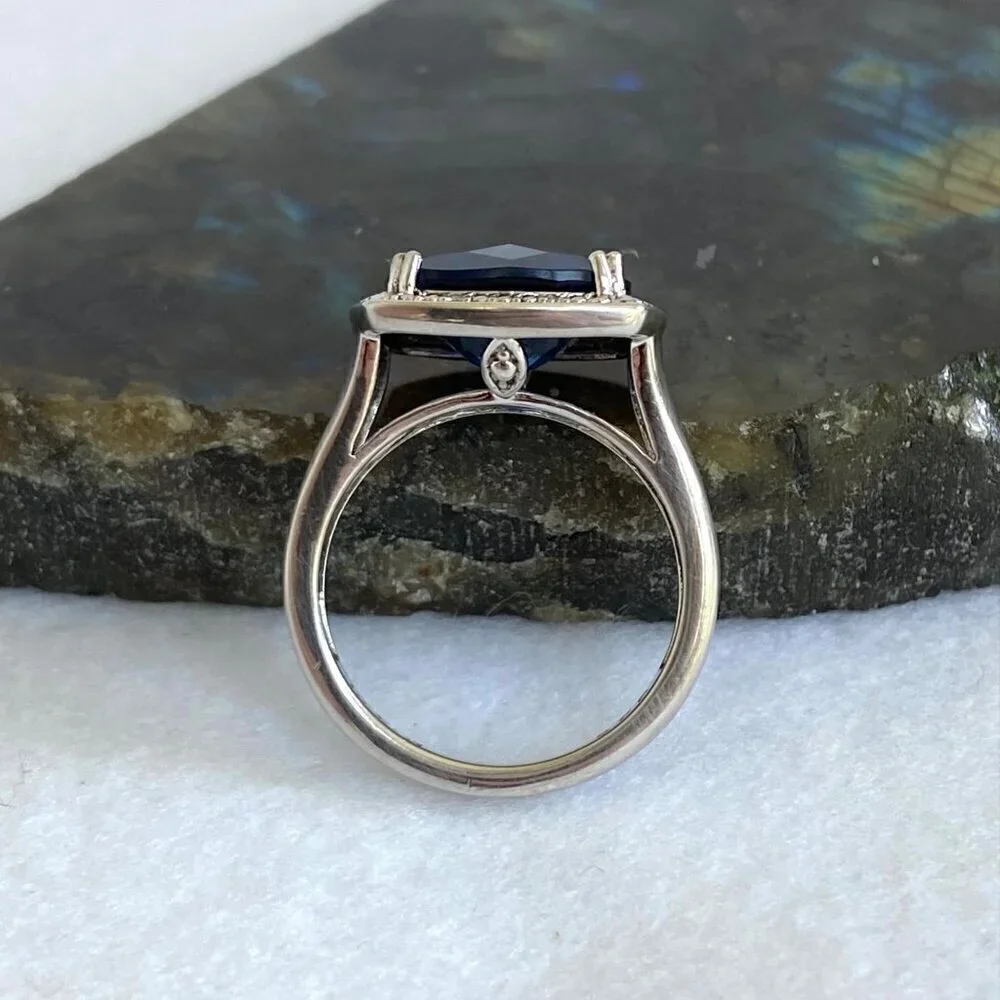 Sterling Silver 925 P☆M Blue Cubic Zirconia & Diamond Accent Stone Ring Sz 7